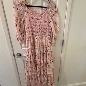 Ivy City Co Light Pink Floral Smocked Midi Dress